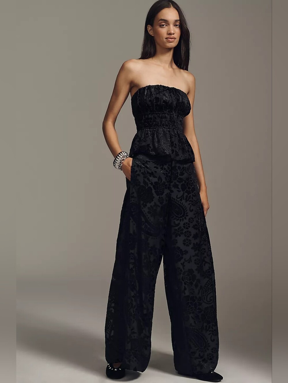 Anthropologie Black Floral Velvet Novelty Burnout Wide Leg Pants - Picture 2 of 6